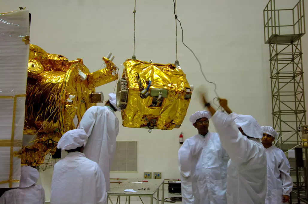 Moon Impact Probe being integrated with Chandrayaan-1 orbiter Indian Space Research Organisation (GODL-India), GODL-India <https://data.gov.in/sites/default/files/Gazette_Notification_OGDL.pdf>, via Wikimedia Commons